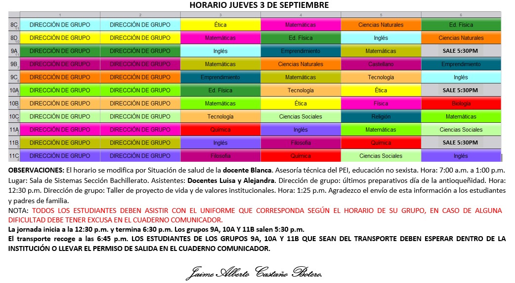 Horario Jornada Tarde - I.E. Juan J. Escobar