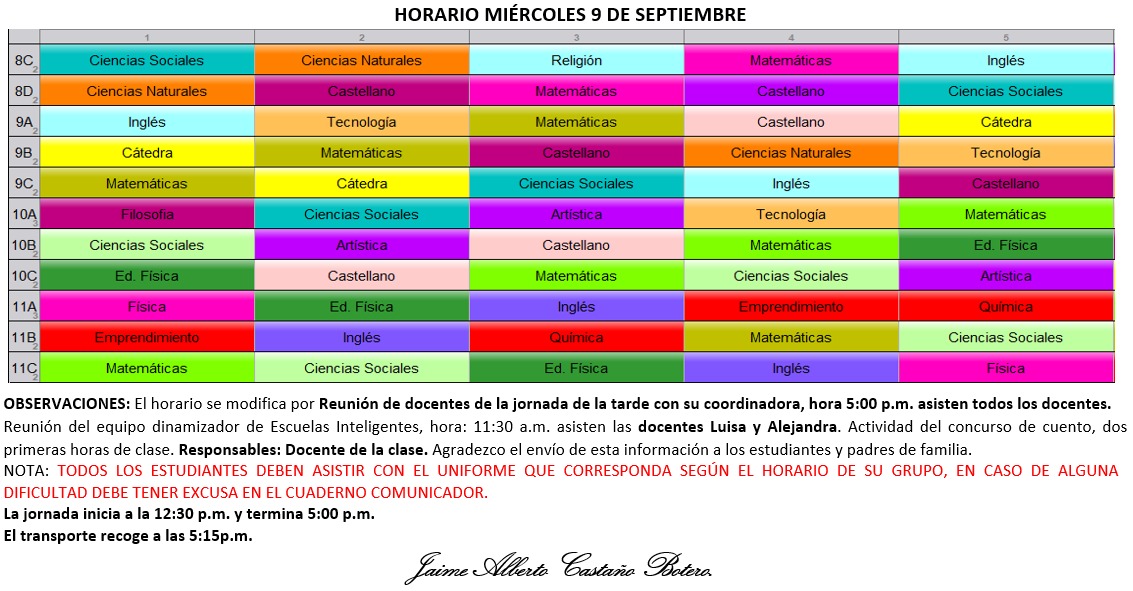 Horario Jornada Tarde - I.E. Juan J. Escobar