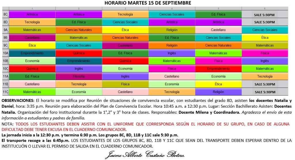 Horario Jornada Tarde - I.E. Juan J. Escobar