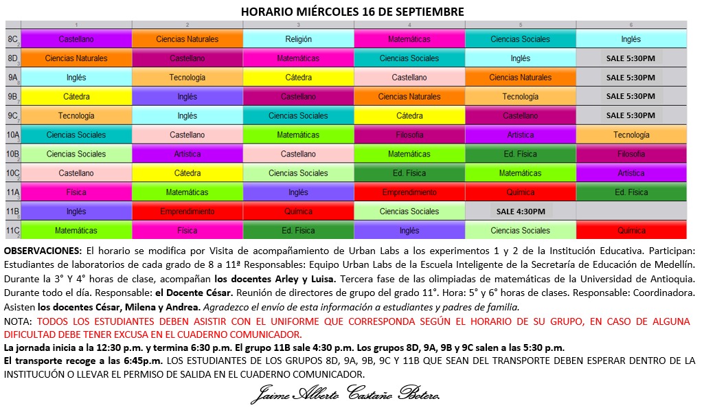 Horario Jornada Tarde - I.E. Juan J. Escobar