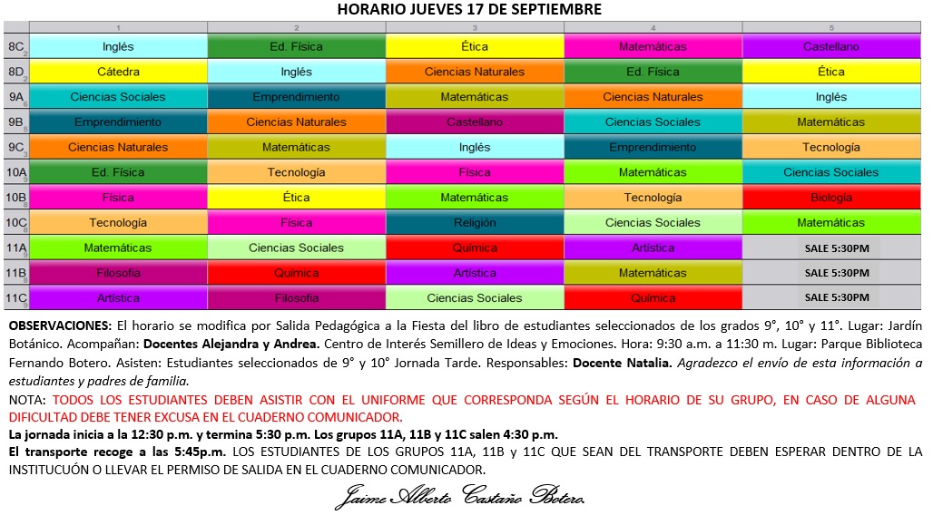 Horario Jornada Tarde - I.E. Juan J. Escobar