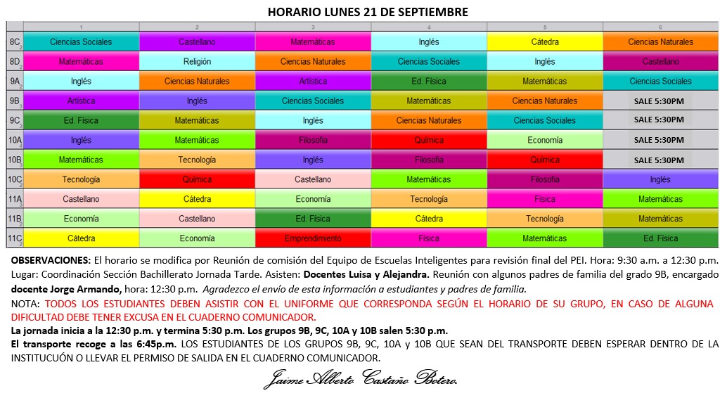 Horario Jornada Tarde - I.E. Juan J. Escobar