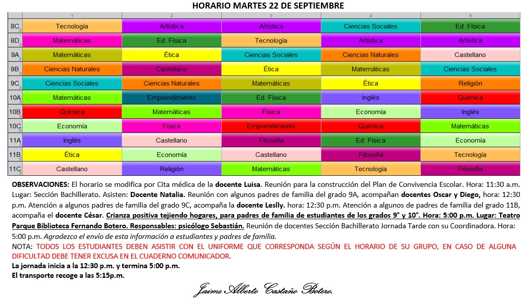 Horario Jornada Tarde - I.E. Juan J. Escobar