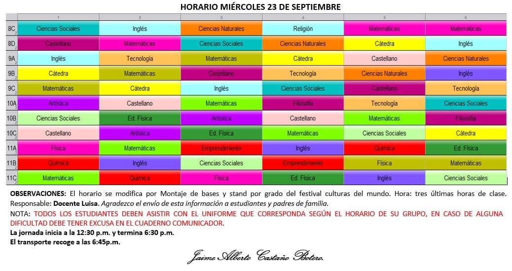 Horario Jornada Tarde - I.E. Juan J. Escobar