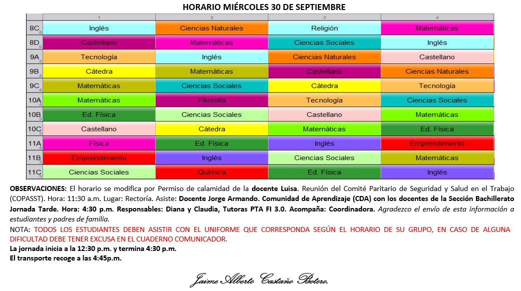 Horario Jornada Tarde - I.E. Juan J. Escobar