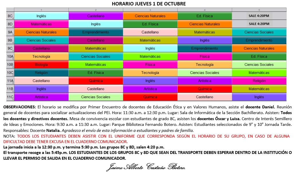 Horario Jornada Tarde - I.E. Juan J. Escobar