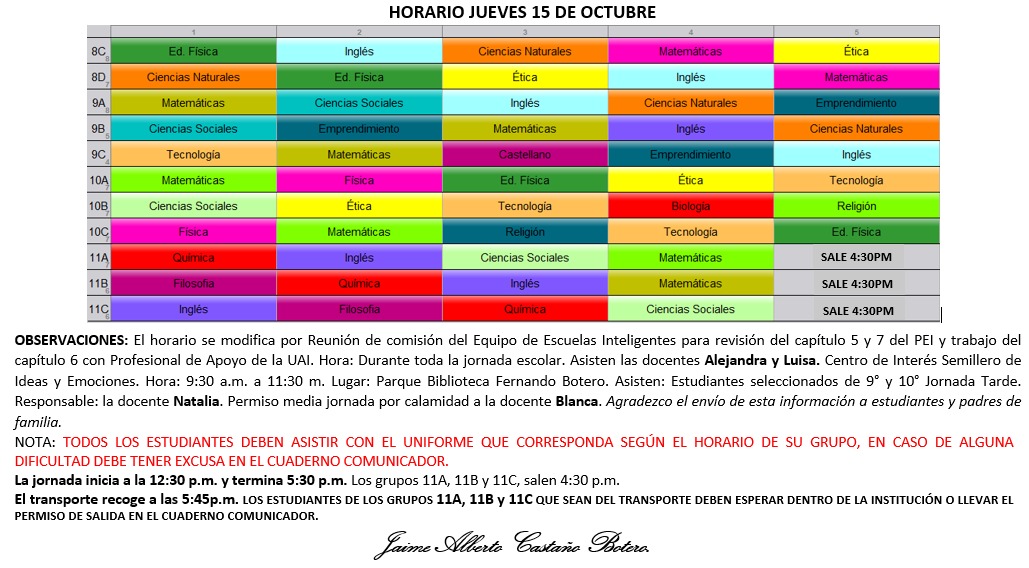 Horario Jornada Tarde - I.E. Juan J. Escobar