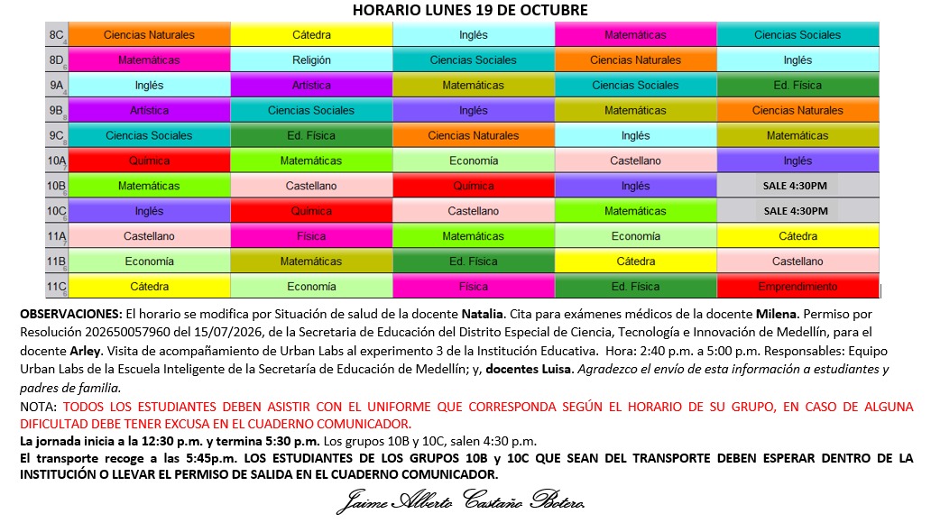 Horario Jornada Tarde - I.E. Juan J. Escobar