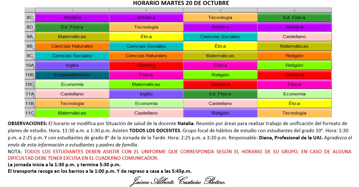 Horario Jornada Tarde - I.E. Juan J. Escobar