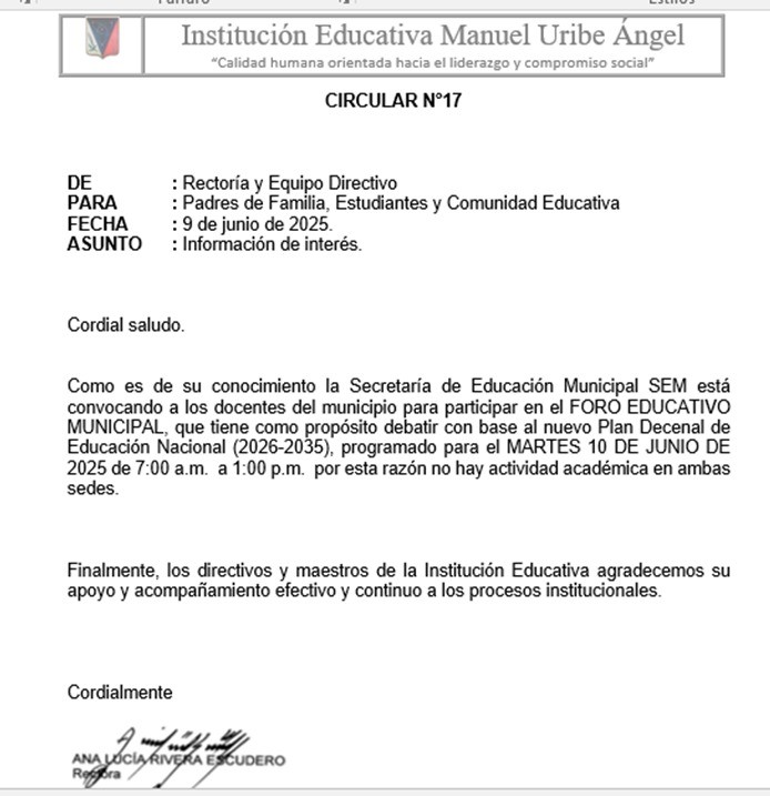 El dia martes 10 no hay clases porque la Secretaria de Educación de Envigado, convoco a todos los maestros al foro educativo municipal