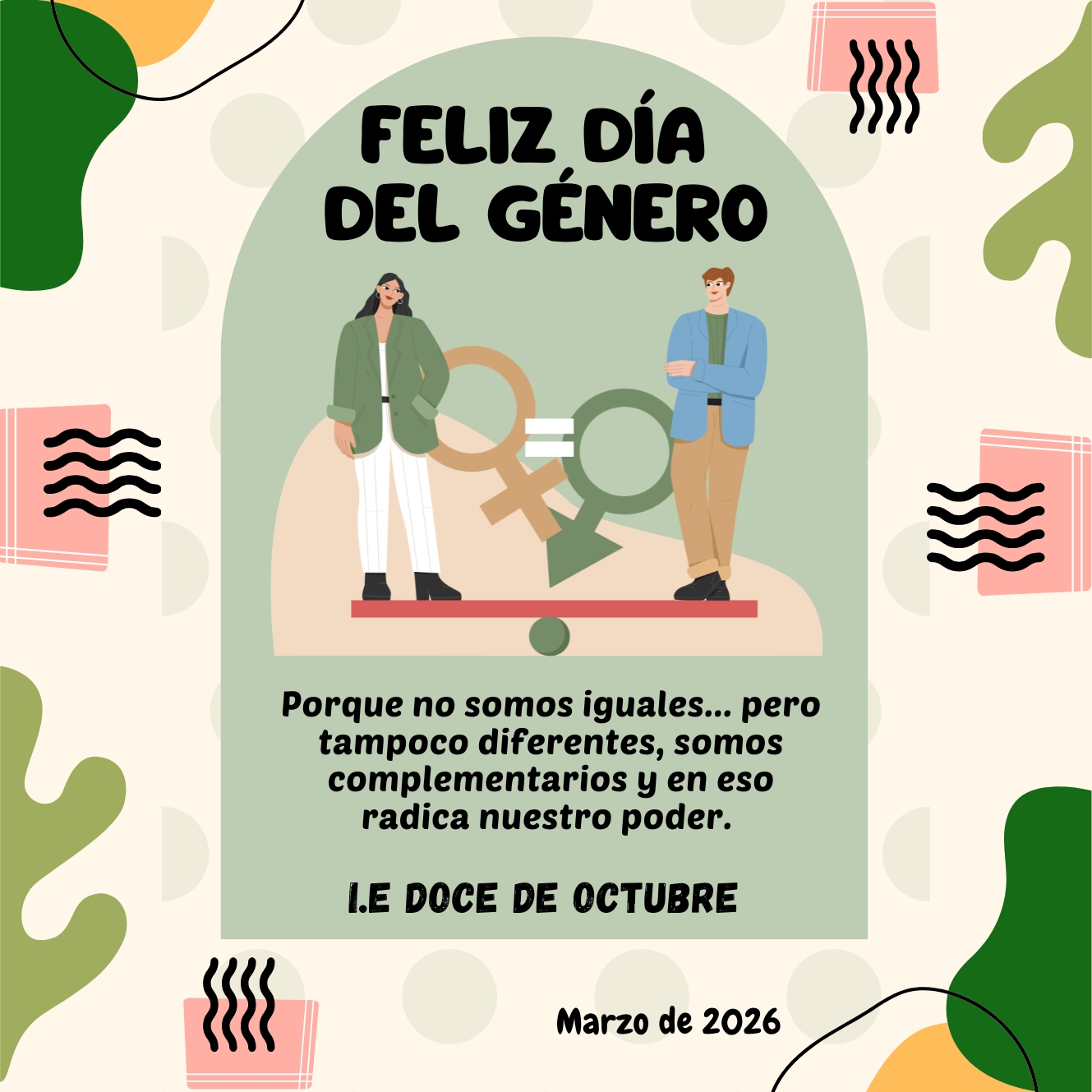 El pasado viernes 20 de marzo, la I.E. Doce de Octubre vivió una jornada significativa en la conmemoración del Día del Género, un espacio dedicado a reflexionar, aprender y reconocer el valor de la diversidad en nuestra comunidad educativa.