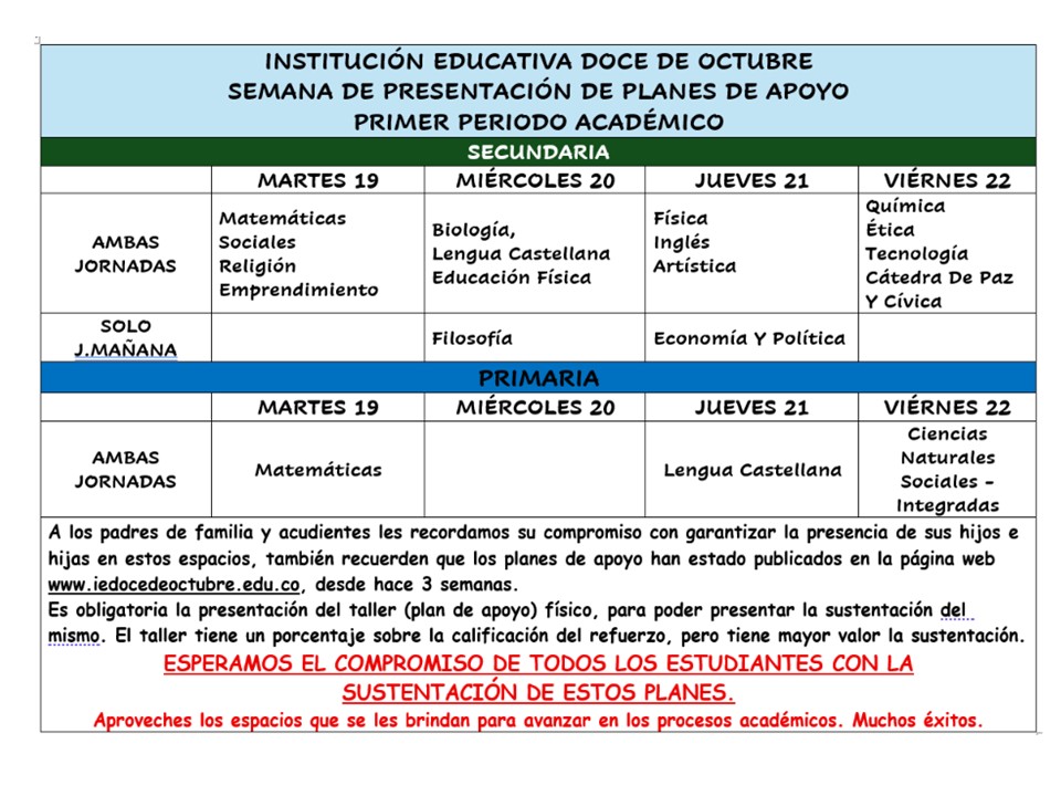 La Institución Educativa Doce de Octubre informa a toda la comunidad educativa el cronograma oficial de la Semana de Presentación y Sustentación de los Planes de Apoyo del Primer Periodo Académico, dirigida a estudiantes de primaria y secundaria.