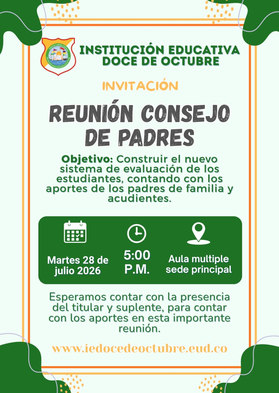 La Institución Educativa Doce de Octubre invita al Consejo de Padres a participar en una reunión para aportar ideas en la construcción del nuevo Sistema Institucional de Evaluación de los Estudiantes (SIEE).