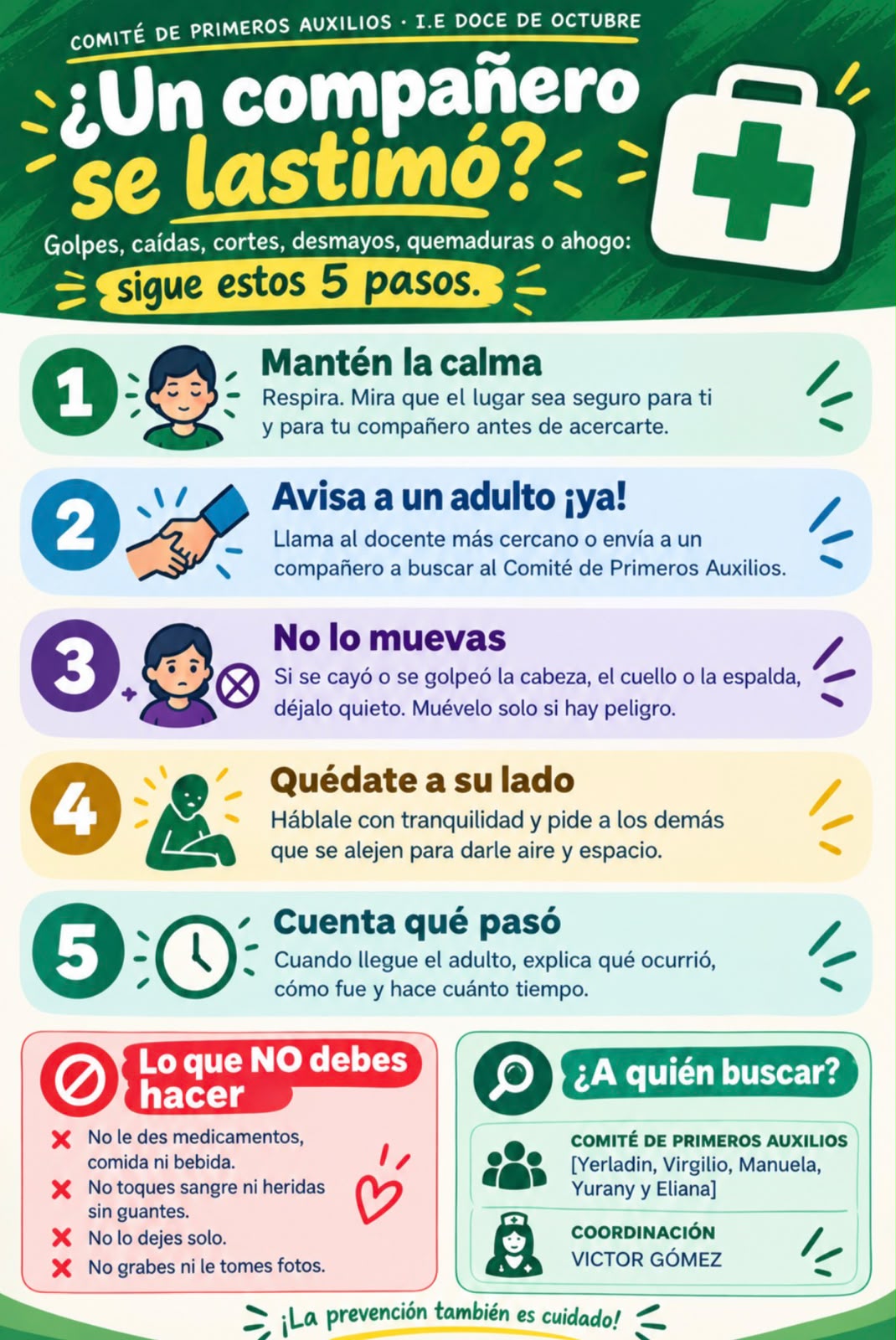 La I.E. Doce de Octubre, a través de su Comité de Primeros Auxilios, promueve una cultura de prevención, cuidado y solidaridad, brindando orientaciones esenciales para actuar ante accidentes o situaciones de emergencia dentro del entorno escolar.