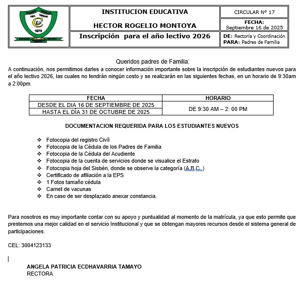 inscripción de estudiantes nuevos para el año lectivo 2026.