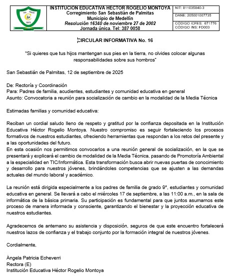 Convocatoria a reunión para socialización de cambio en la modalidad de la Media Técnica