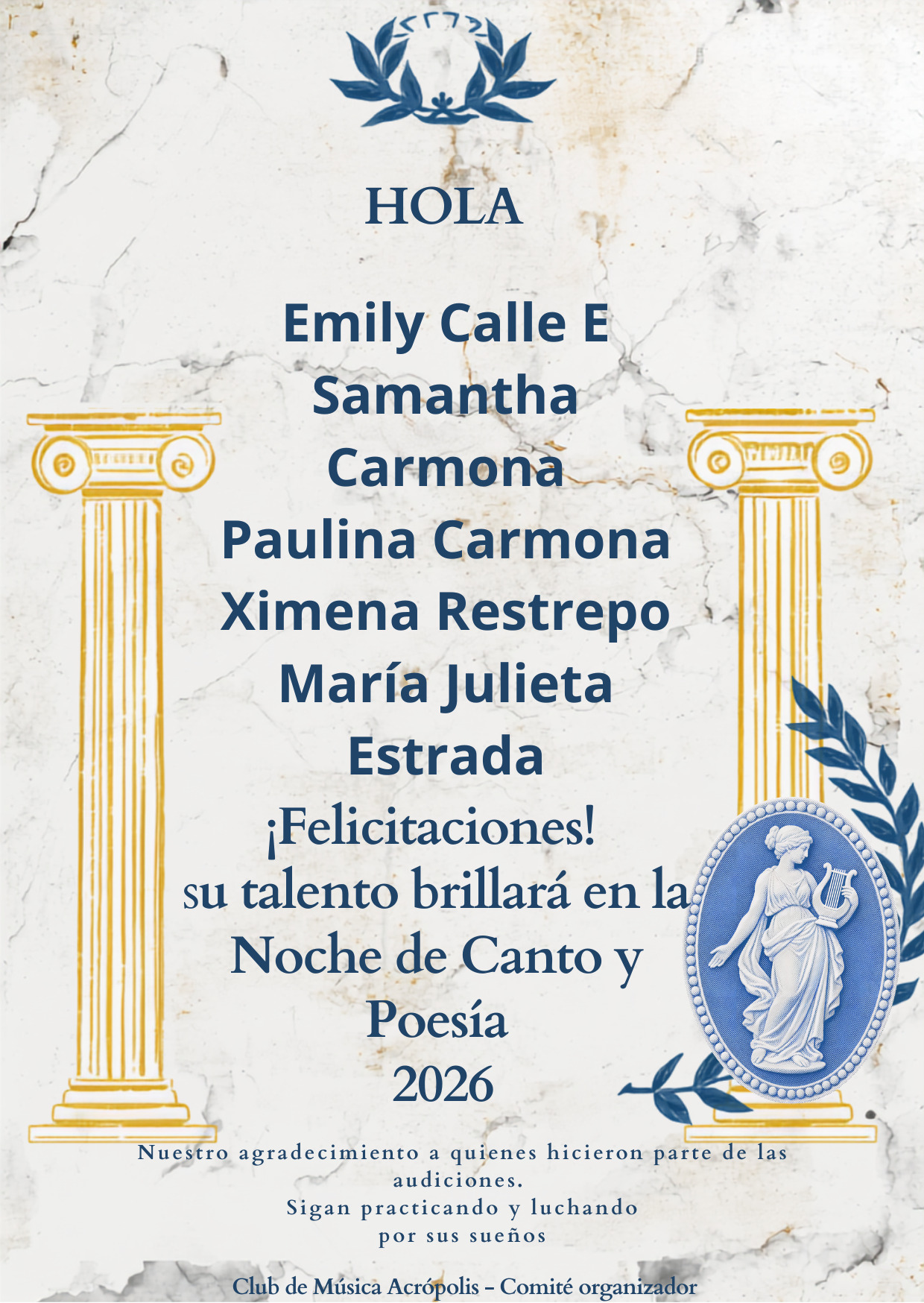 RESULTADOS AUDIOCIONES NOCHE DE CANTO Y POESÍA 2026