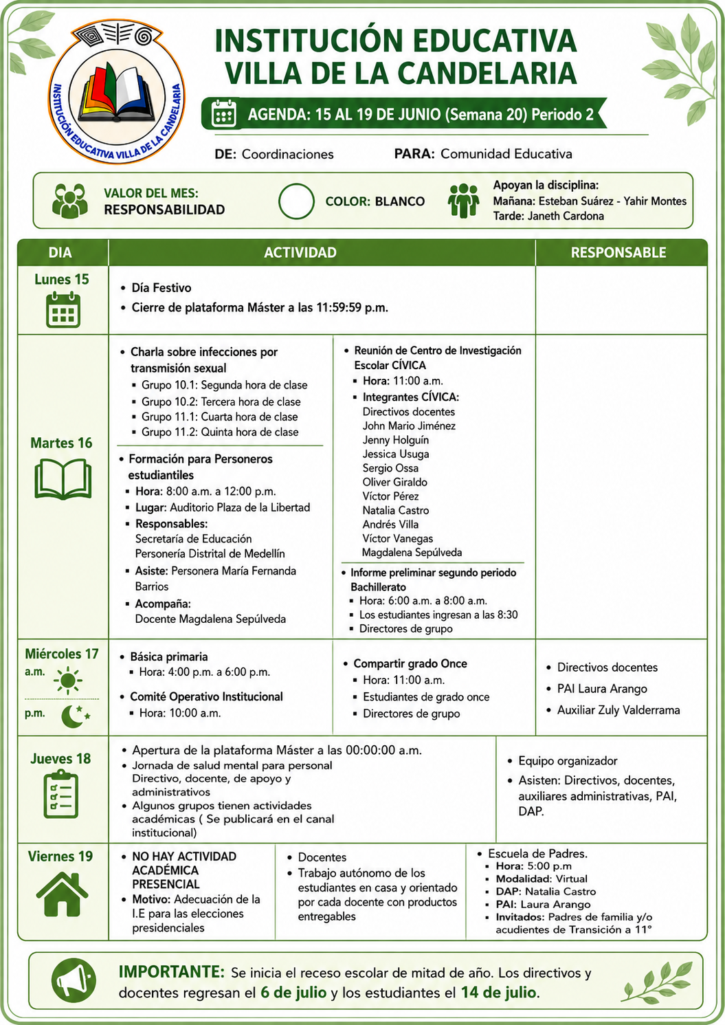 AGENDA DEL 16 AL 19 DE JUNIO