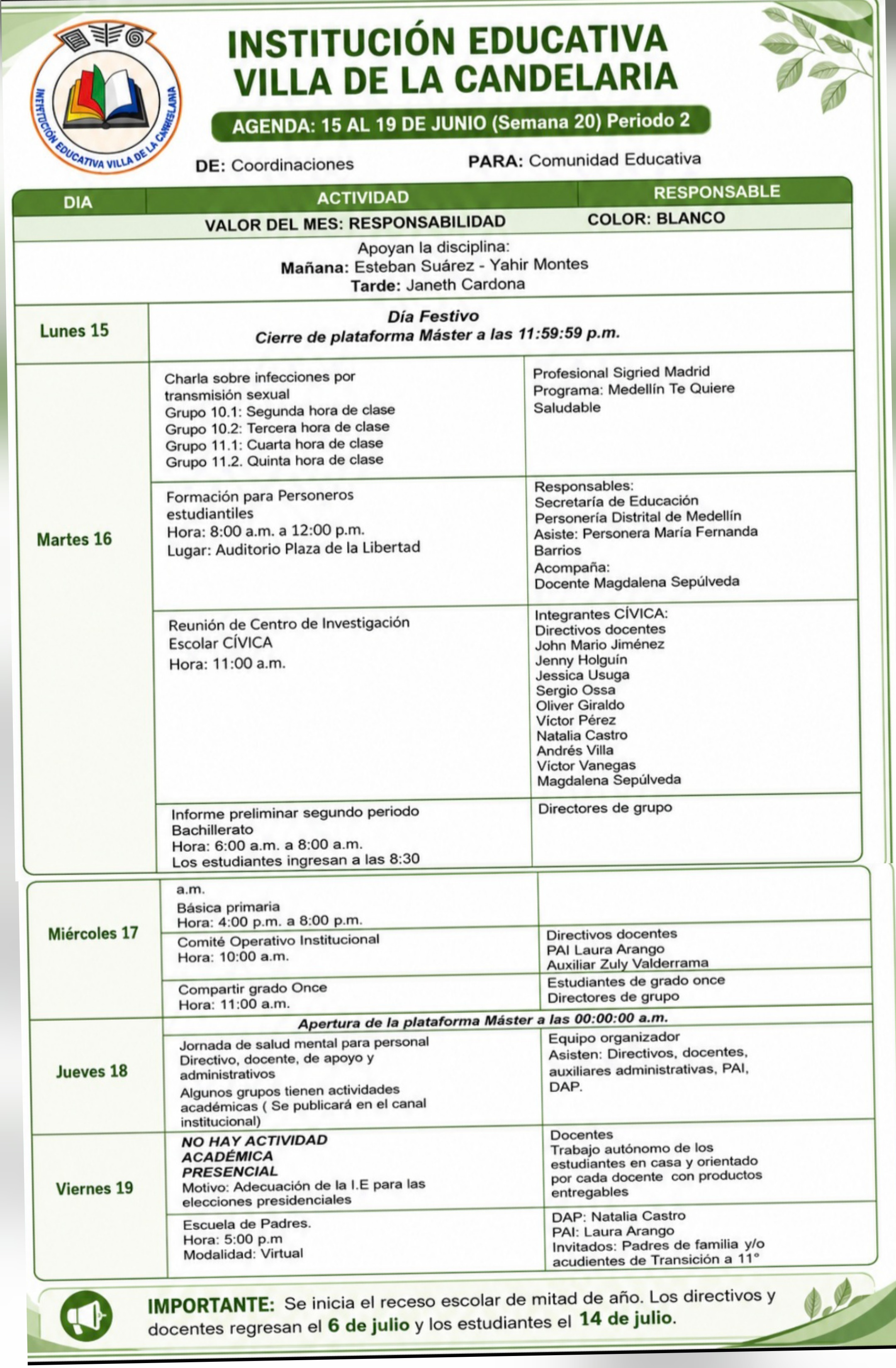 SEMANA DEL 15 al 19 DE JUNIO