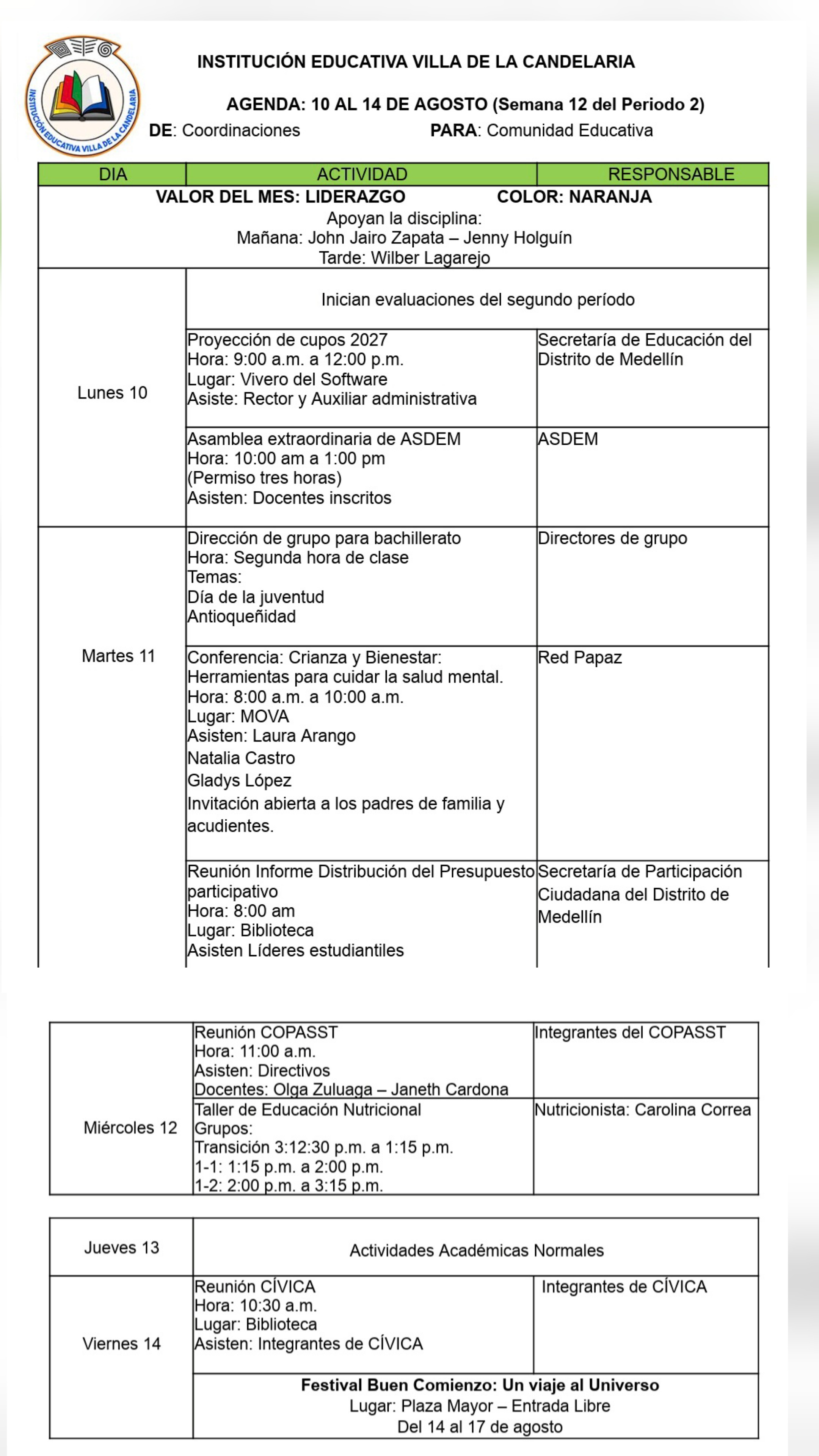 SEMANA DEL 10 al 14 de agosto
