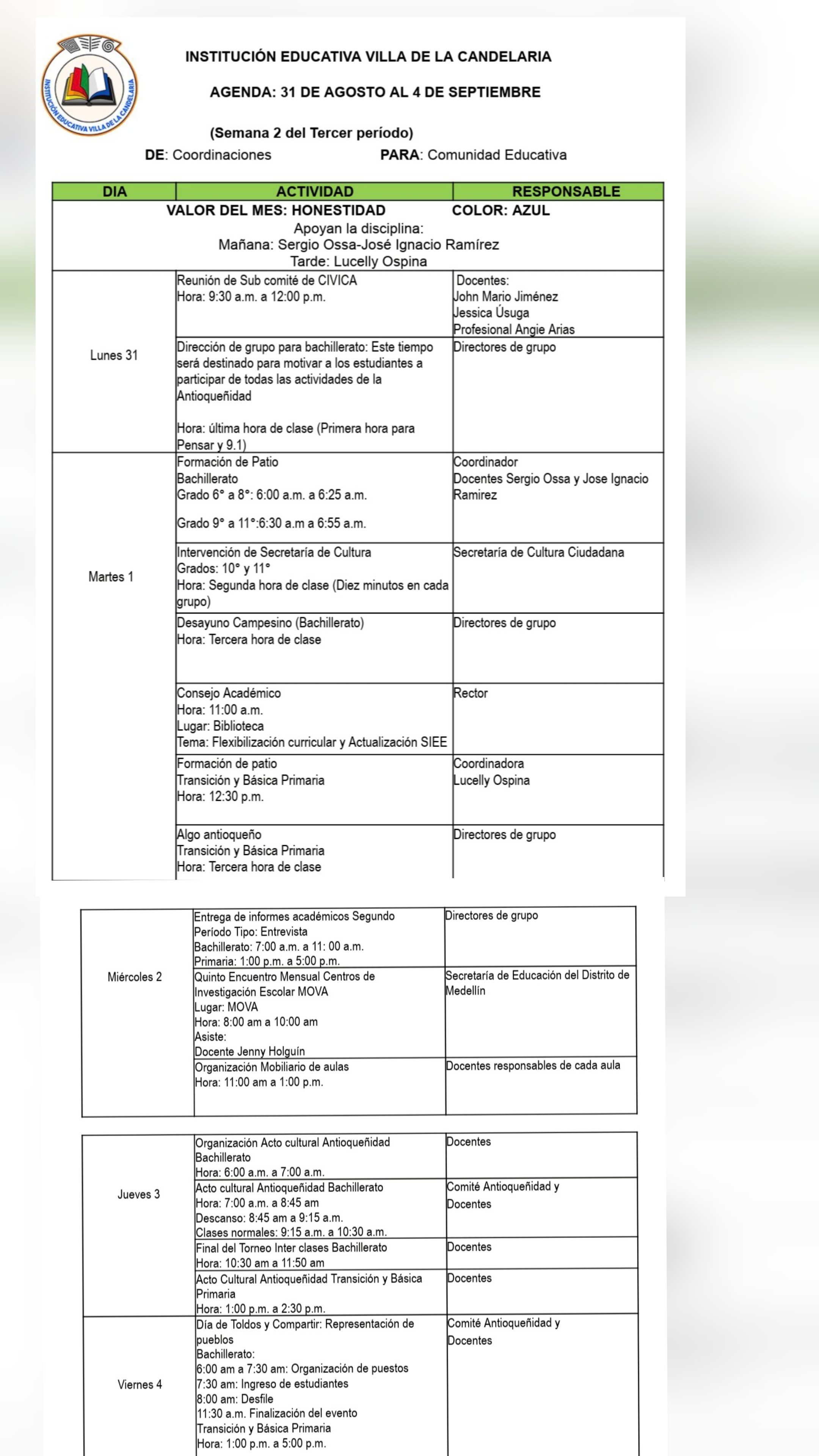 SEMANA DEL 31 de agosto al 04 de Septiembre