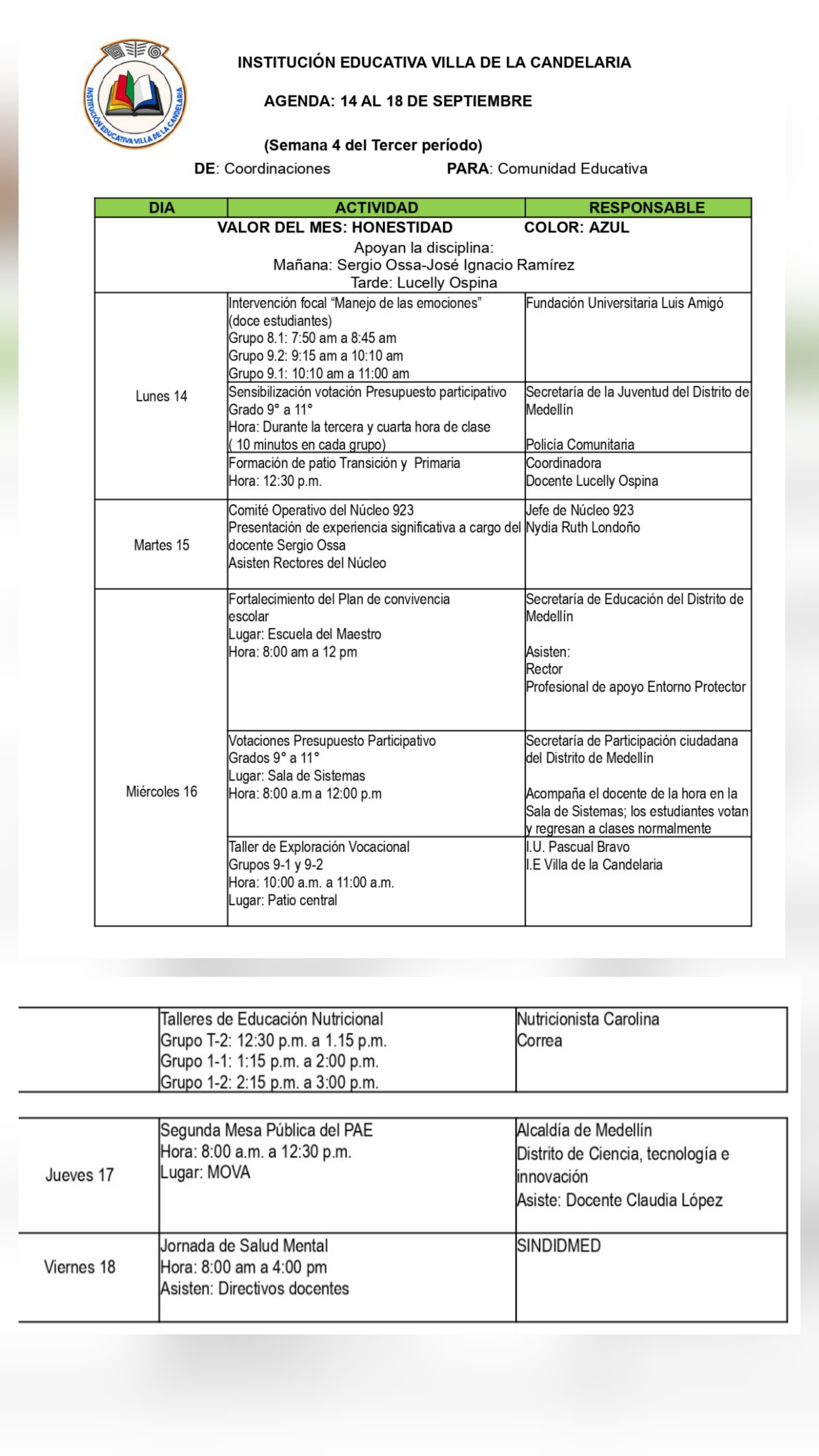 SEMANA DEL 14 al 18 de Septiembre