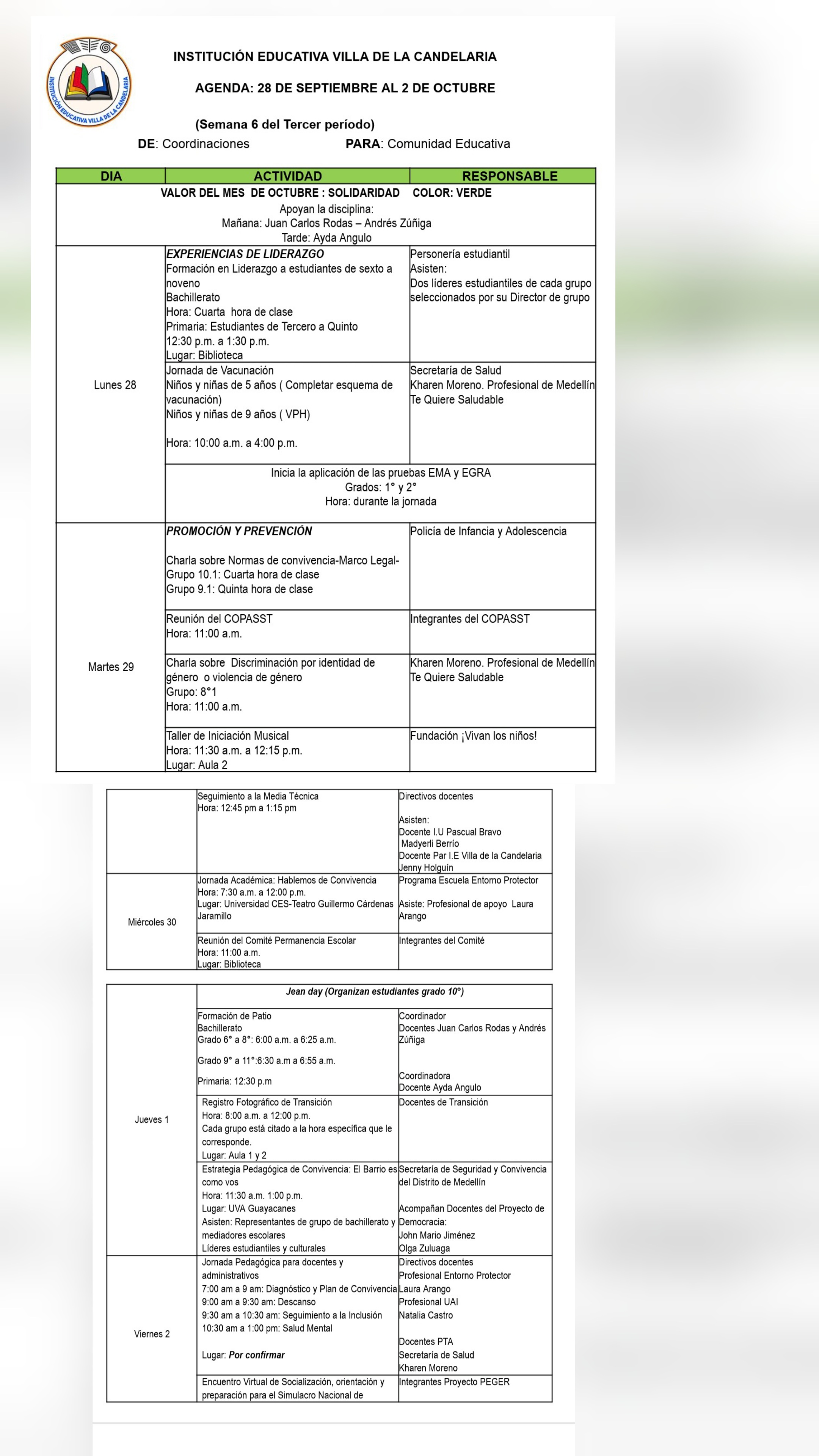 SEMANA DEL 28 de Septiembre al 2 de octubre