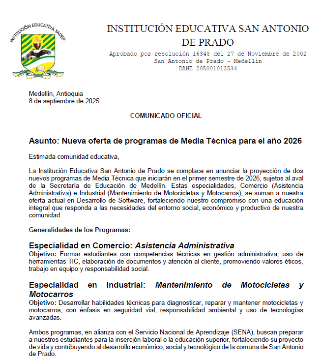 NUEVA OFERTA EDUCATIVA EN MEDIA TECNICA A PARTIR DE 2026